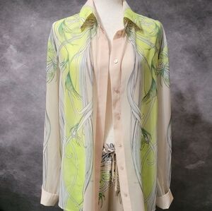 BCBG Max Azria Chartreuse Botanical Print Blouse + Wide Leg Pants Set